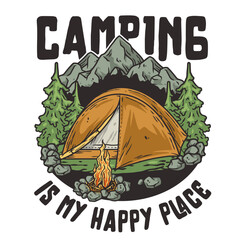 Camping nature print. Wild adventure outdoor sport with tent in the forest