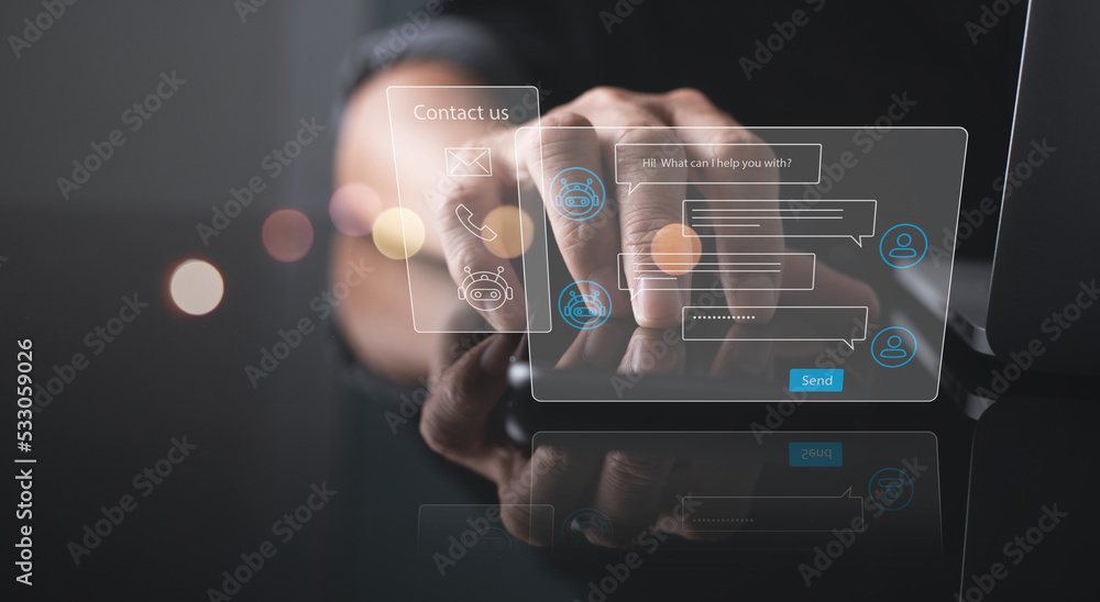 Poster chatbot conversation assistant. person using online customer service with chat bot to get support. a