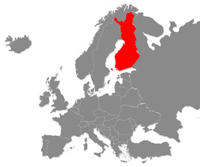 Map of Finland highligted with red in Europe map