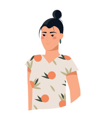 Asian woman concept. Traditions, culture and ethnicity. Graphic element for website. Smiling character Sticker or reaction for messengers. Society and Diversity. Cartoon flat vector illustration