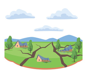 Natural disaster concept. Village houses stand on faults among cracks in ground. Earthquake and drought. Graphic element for website. Catastrophe and cataclysm. Cartoon flat vector illustration