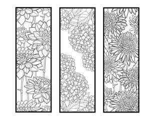 Set of three coloring bookmarks in black and white. Doodles flowers adult coloring bookmark. 