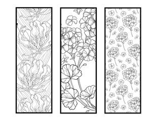 Set of three coloring bookmarks in black and white. Doodles flowers adult coloring bookmark. 