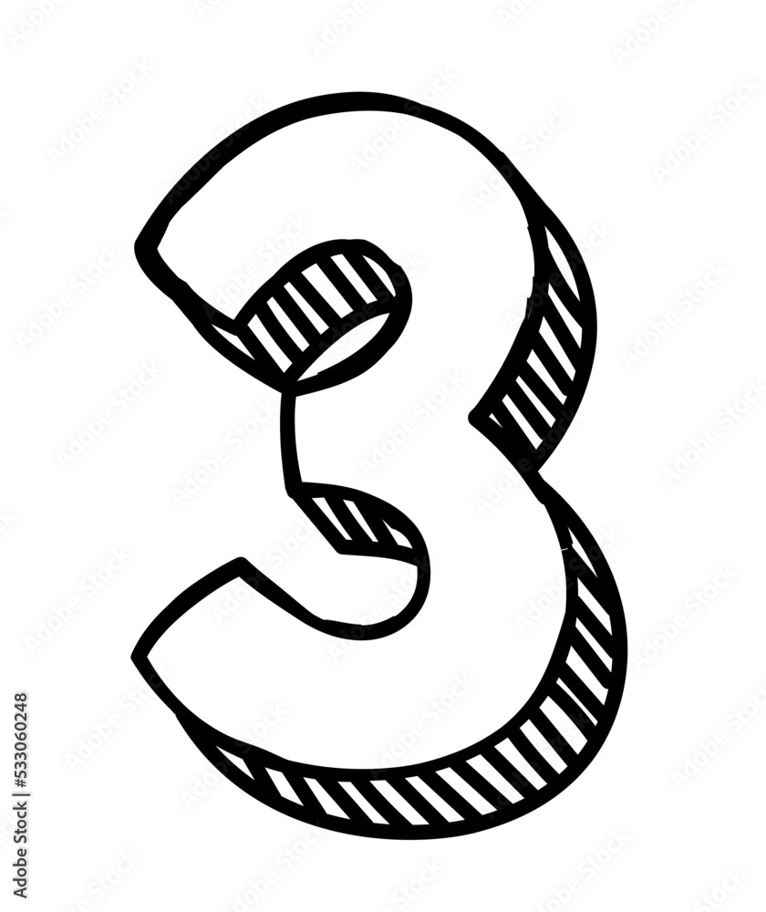 Aufkleber number three icon. graphic element for website in minimalistic style. hand drawn and sketch, childre