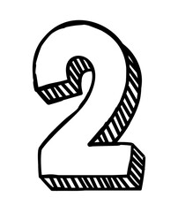 Number two icon. Pencil sketch, hand drawing, minimalistic style. Graphic element for printing on fabric. Education, development, training. Mathematics and counting. Cartoon flat vector illustration