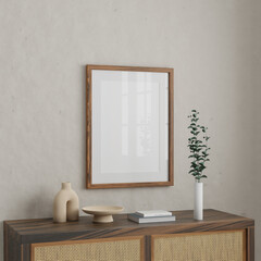 Vertical wood frame mockup in living room interior with light reflection. 3d rendering, 3d illustration