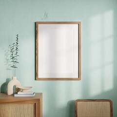 Vertical wood frame mockup in living room interior with light reflection. 3d rendering, 3d illustration