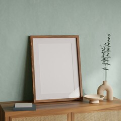 Vertical wood frame mockup in living room interior with light reflection. 3d rendering, 3d illustration