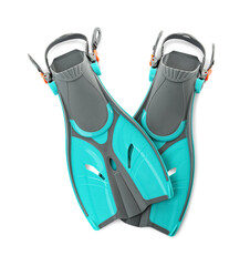 Pair of turquoise flippers on white background, top view