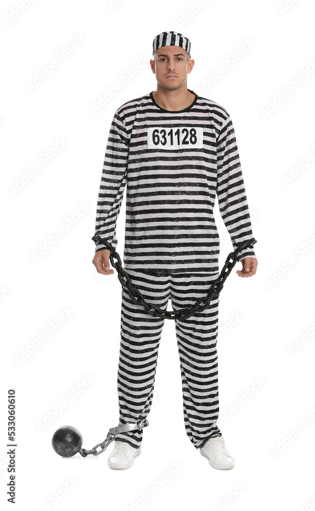 Wall mural Prisoner in striped uniform with chained hands and metal ball on white background