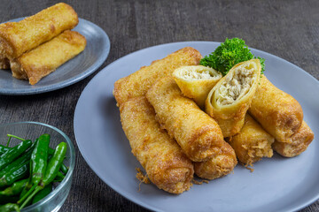 Sosis solo goreng one of the typical foods of the city of Solo, which has a filling in the form of chopped beef or chicken.