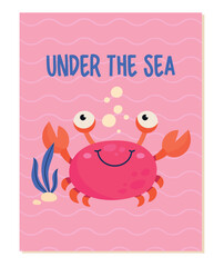 Ocean poster with crab. Graphic element for website, invitation or greeting card. Representative of underwater world, fauna and animals, sea. Summer time symbol. Cartoon flat vector illustration
