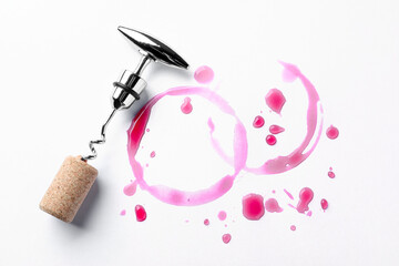 Wine stains, corkscrew and stopper on white background, top view