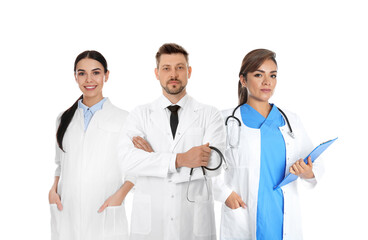 Collage with photos of doctors on white background