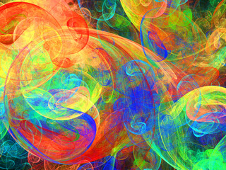 Imagen de arte psicodélico digital compuesta de rizos coloridos translúcidos y solapados mostrando lo que aparenta ser una batalla energética por un espacio reducido.