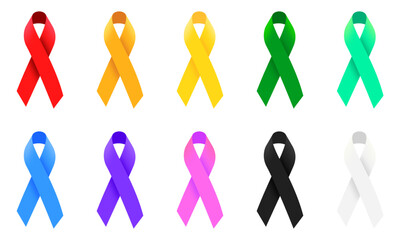 Set of colorful ribbons for various awareness dates in the year. It has ribbons in the colors: red, orange, yellow, green, cyan, blue, purple, pink, white and black.