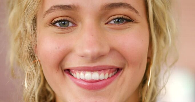 Dental wellness smile, portrait of woman and beautiful skincare face. Natural beauty, cosmetic microblading makeup on model and happy eyes. Young girl, blonde hair treatment and laugh with happiness