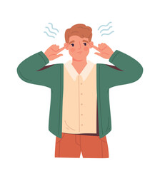 People noises concept. Man covers ears with fingers, disgruntled guy. Loud noise and migraine. Emotions, gestures, expressions and mood. Psychology and mental health. Cartoon flat vector illustration