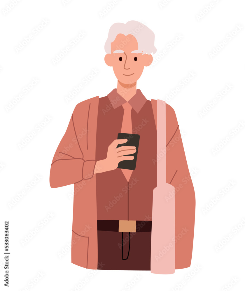 Poster man using mobile phone. gray haired man looks at screen of smartphone, modern technologies and digit