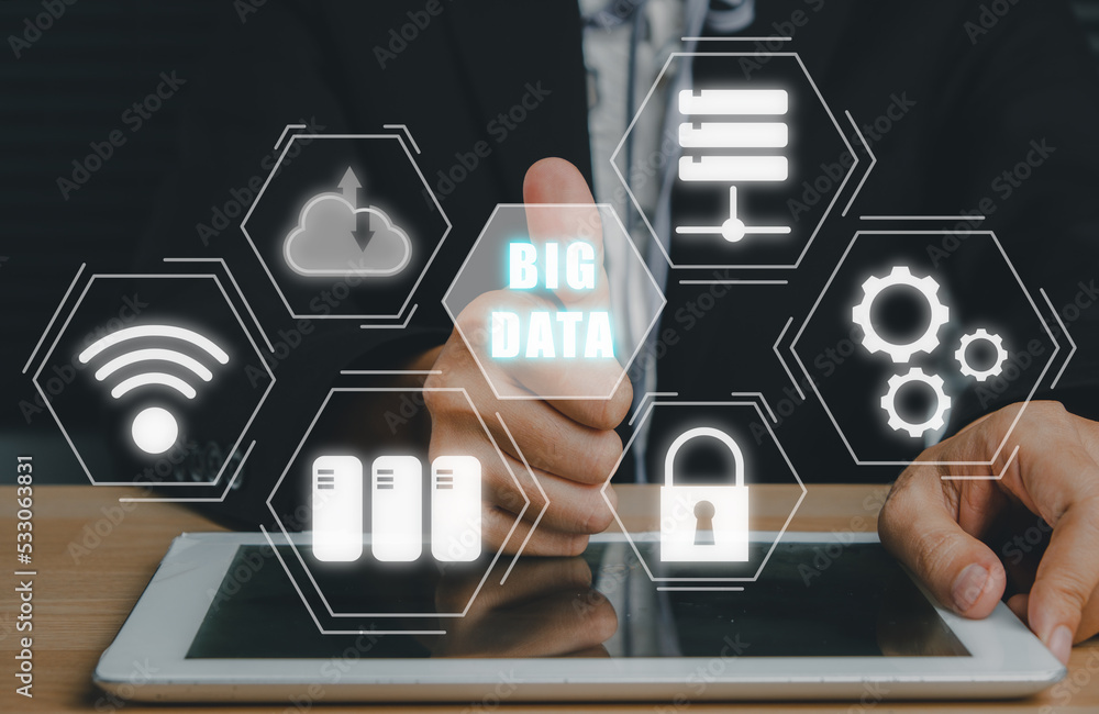 Poster big data concept, person using digitla tablet and hand touching big data icon on vr screen on office
