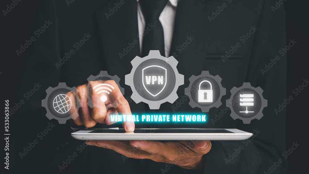 Poster vpn virtual private network protocol concept, man hand using digital tablet with vpn icon on vr scre