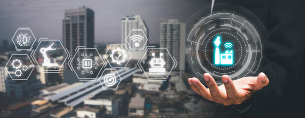 Smart industry 4.0 concept, Person hand touching VR screen smart industry icon, AI, Artificial Intelligence, Automation robot arm, Smart factory..