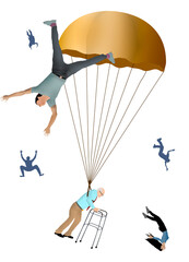 A business executive descends from his long career with a golden parachute of retirement benefits. Employees fired without any protection fall without parachutes. Transparent background.