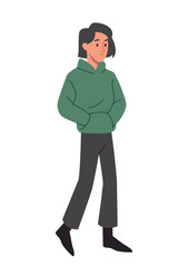 Man walk concept. Young guy in sweatpants and green hoodie. Character on walk, active lifestyle and recreation. Sticker for social networks. Teen, boy, hipster. Cartoon flat vector illustration