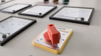 Close up Selector switch  for controling voltage measurment in electrical panel industry. Voltmeter...