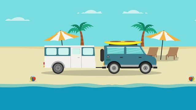Caravan car moving on tropical beach
