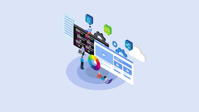 Group of programmers make web design on the laptop