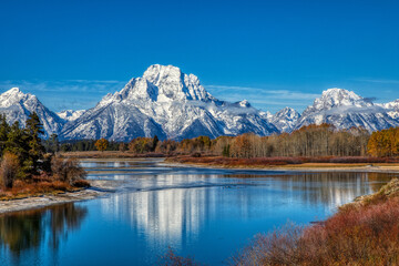 Snake river with the snow-covered Grand Teton mountains.