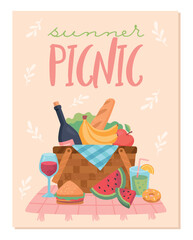 Summer picnic poster. Basket with food and alcoholic drink on bedspread. Holidays on coast, hiking, weekends and vacations. Romantic meeting at spring season. Cartoon flat vector illustration