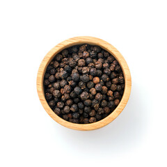Black pepper or peppercorns in wooden bowl isolated on white background , top view , flat lay.