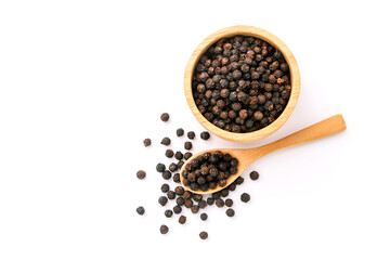 Black pepper or peppercorns in wooden bowl with spoon isolated on white background , top view , flat lay.