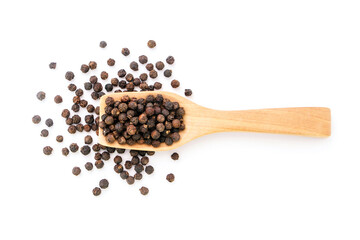Black pepper or peppercorns in wooden spoon isolated on white background , top view , flat lay.