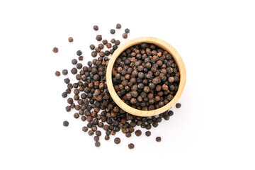 Black pepper or peppercorns in wooden bowl isolated on white background , top view , flat lay.
