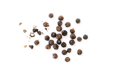 Dry black pepper Black pepper or peppercorns with broken isolated on white background , top view ,...