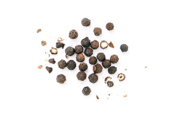 Dry black pepper Black pepper or peppercorns with broken isolated on white background , top view ,...