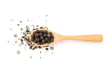 Black pepper or peppercorns in wooden spoon isolated on white background , top view , flat lay.