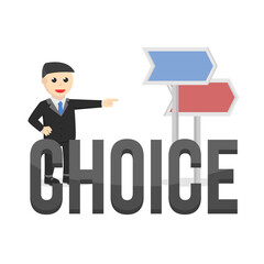 businessman character makes choice with arrow signs on white background