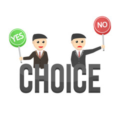 characters making business choices with signs on white background