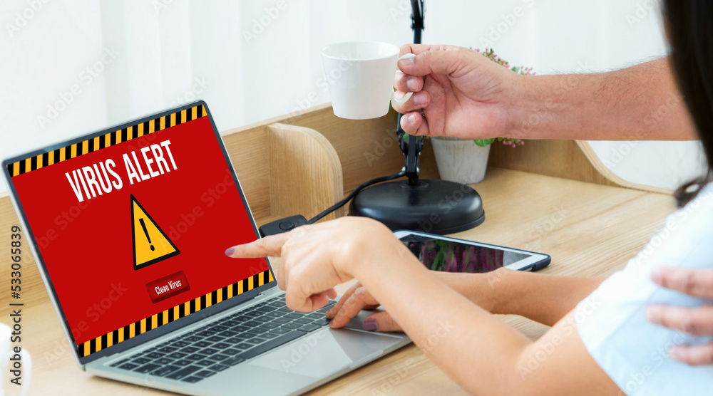 Poster virus warning alert on computer screen detected modish cyber threat , hacker, computer virus and mal
