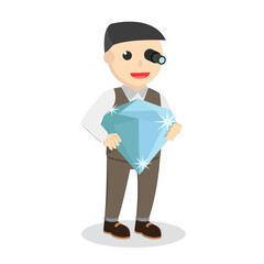 Businessman holding big diamond design character on white background