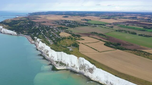 Aerial view of the white cliffs in St. Margaret's at Cliffe, Dover, England, United Kingdom.