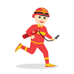 firefighter run and holding fire tube on white background