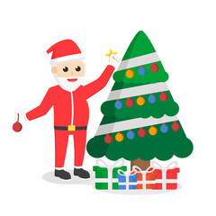 Santa Claus Putting Star On Tree. Character design on white background