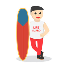 life guard with surfboar design character on white background