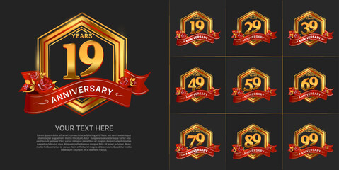 set of anniversary with gold color and red ribbon can be use for celebration event