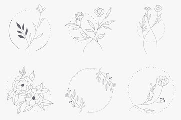 Floral and round hand drawn style. Floral black and white frame of twigs, leaves and flowers. Frames for the Valentine's day, wedding decor, logo and identity template.